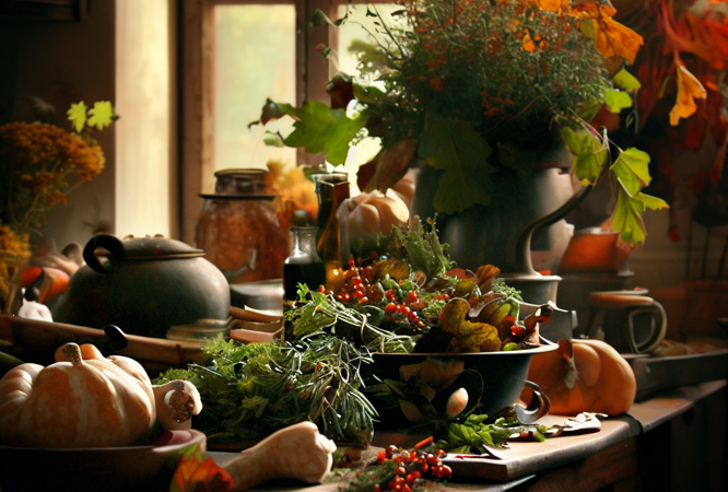 Podzimní kuchyň s bylinkami
